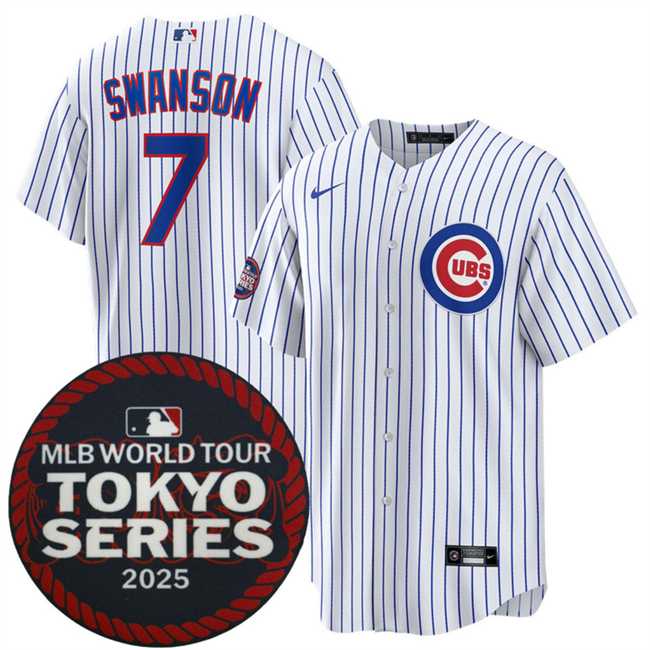Mens Chicago Cubs #7 Dansby Swanson White 2025 World Tour Tokyo Series Home Stitched Jersey Dzhi